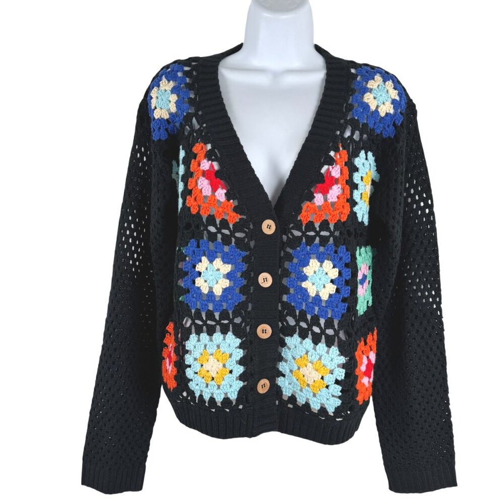 Rain + Rose Granny‎ Square Crochet Cardigan Sweater Small Boho CJ-2294